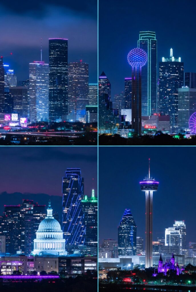 Texas skyline composite at night showing Houston, Dallas, Austin, and San Antonio