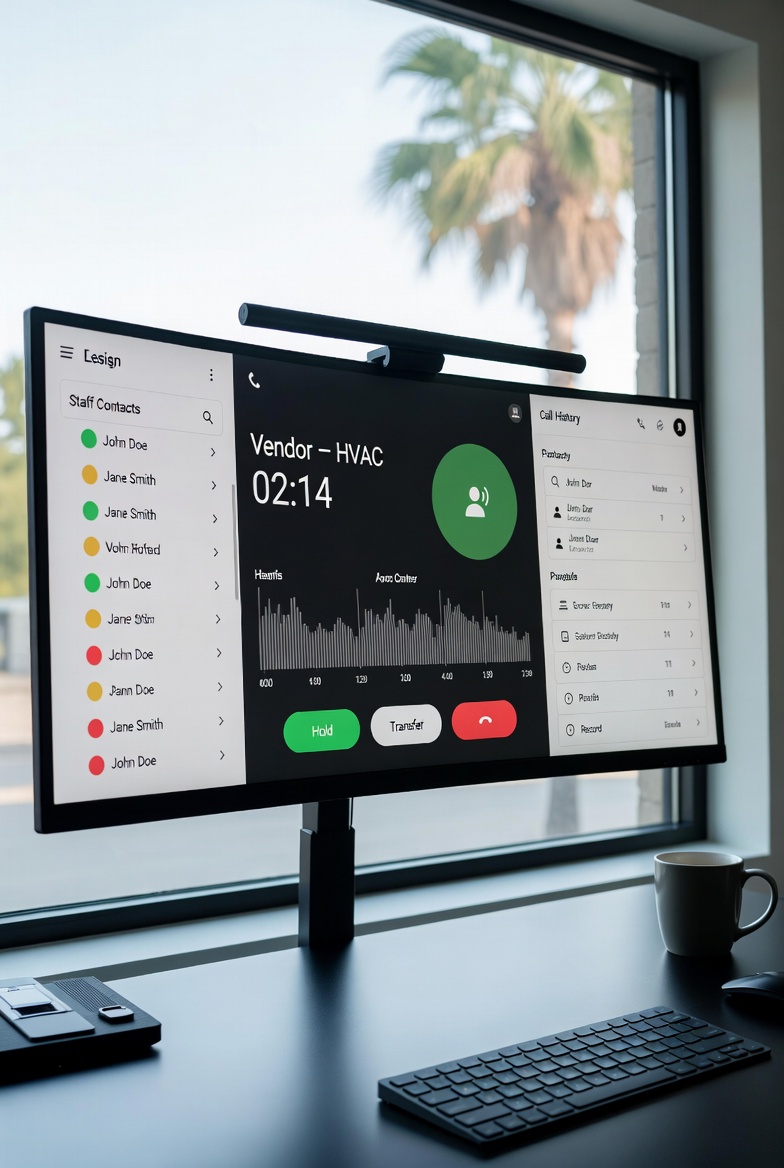 Desktop softphone with staff presence and active vendor call