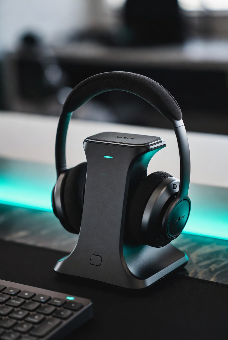 Premium wireless headset on charging dock for leasing office staff