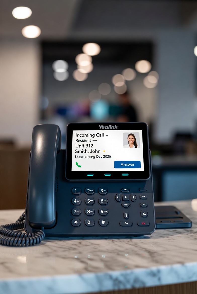 IP desk phone showing resident incoming call from Unit 312