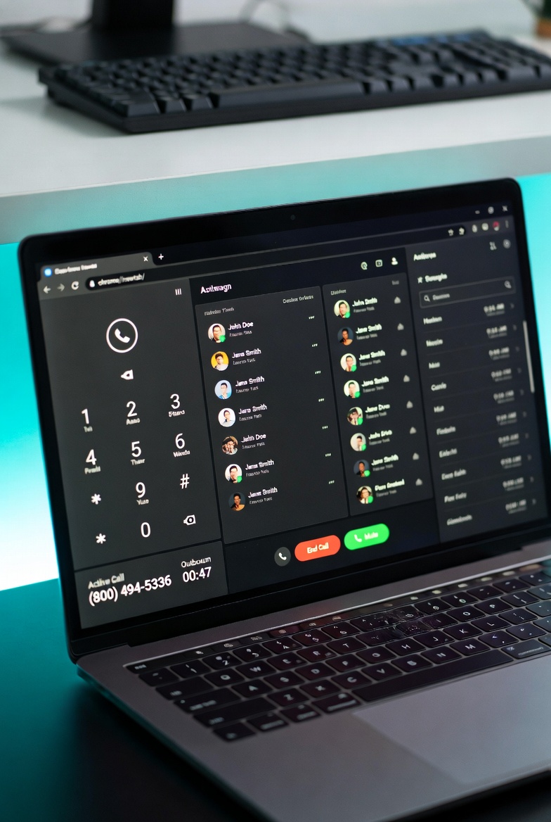 Browser-based softphone on a laptop placing an outbound call