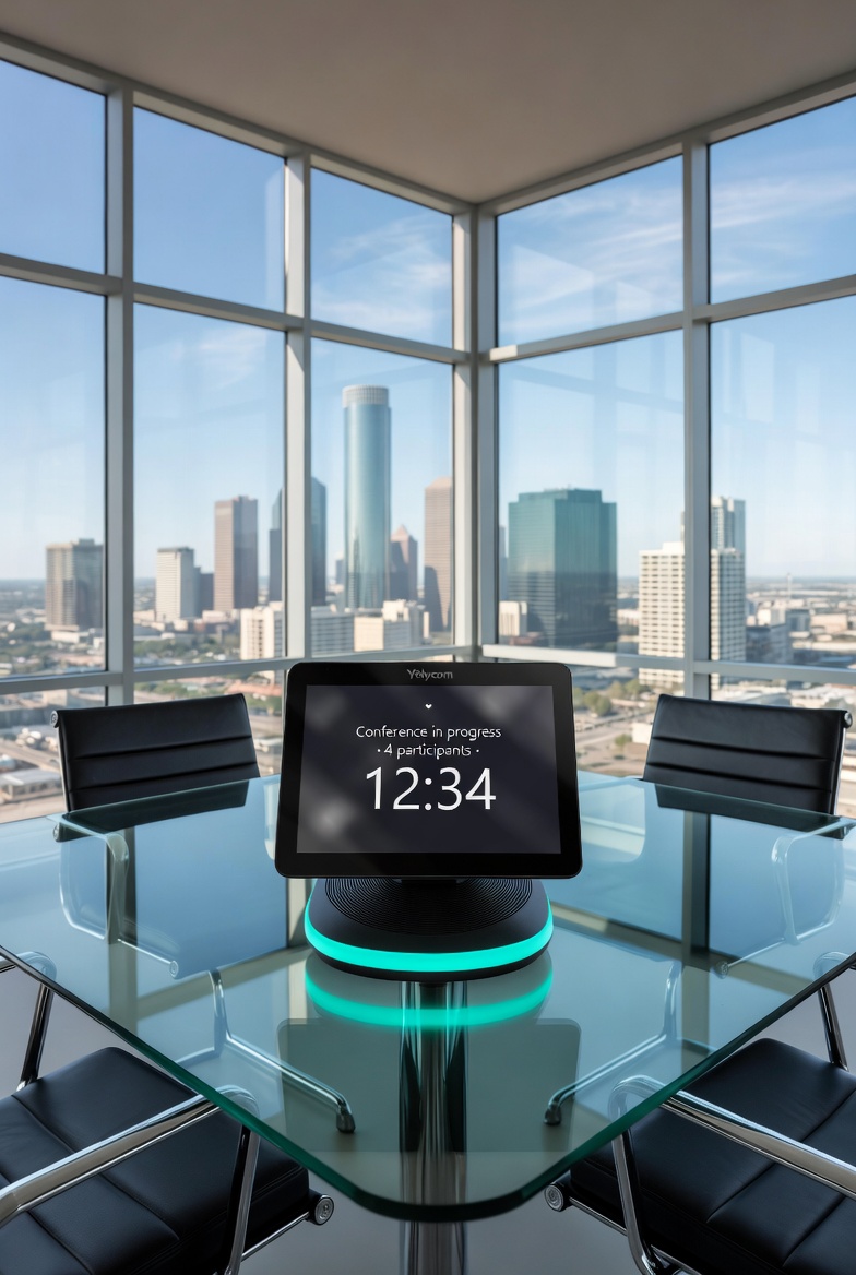 Conference speakerphone in clubhouse with city skyline