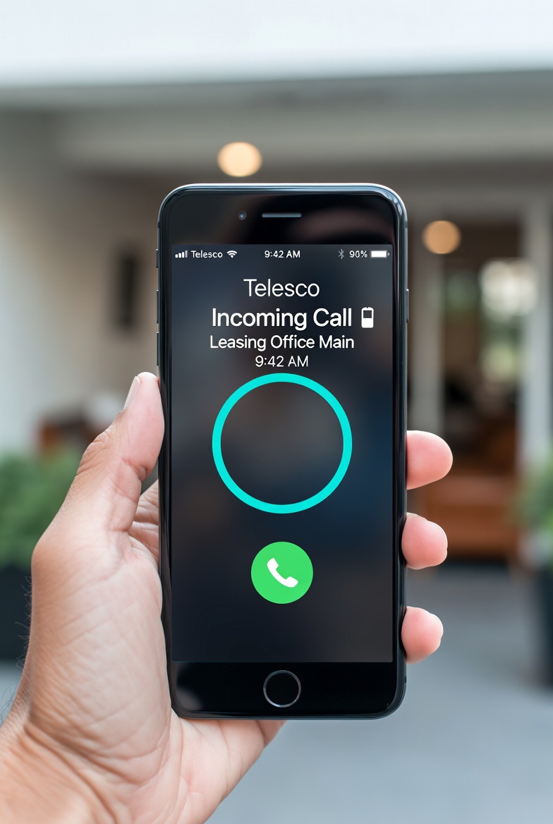Telesco mobile app showing incoming leasing office call