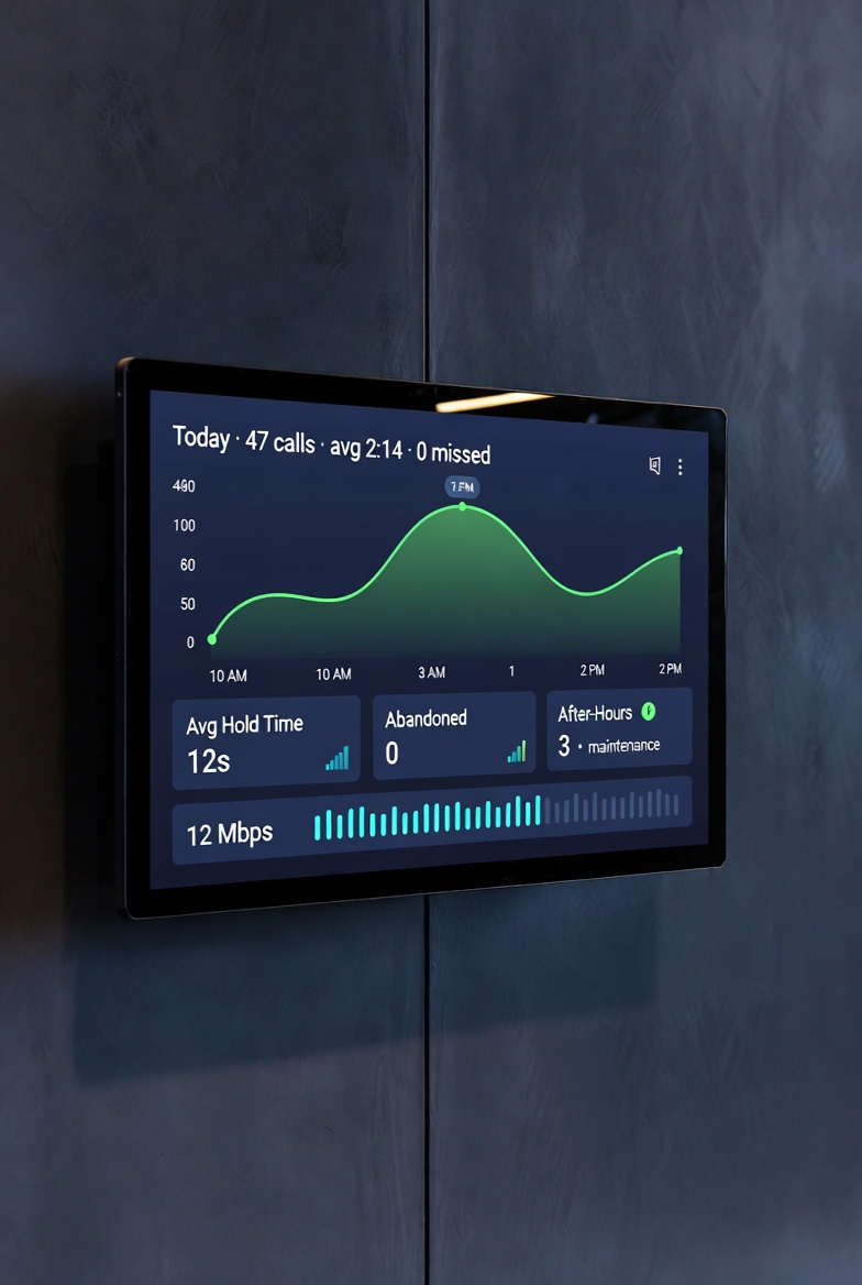 Wall-mounted call analytics dashboard showing call volume, hold time, and bandwidth