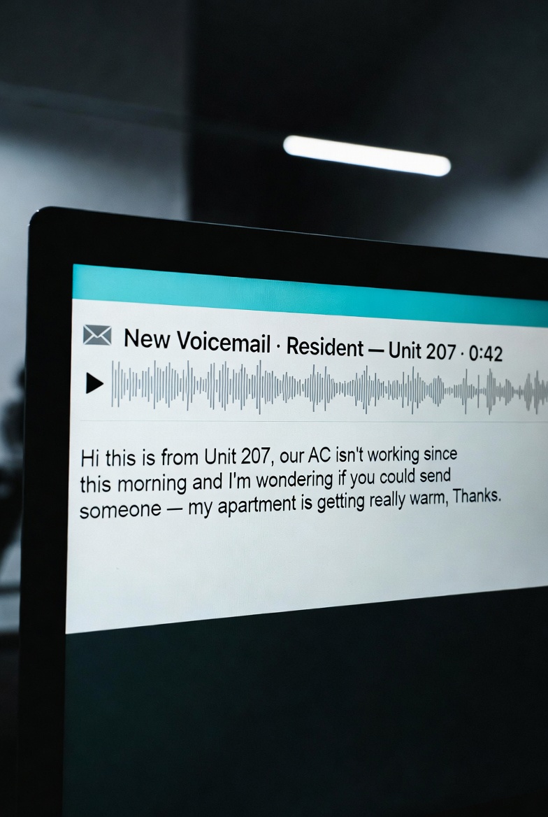 Voicemail-to-email with AI-generated transcript of resident message